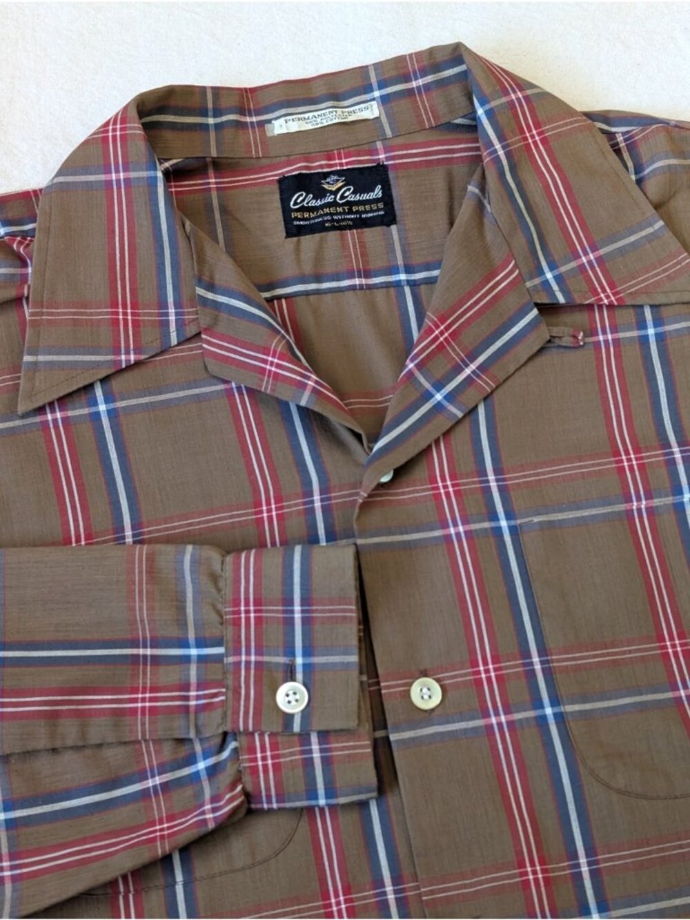 Vintage 60s Brown Plaid Loop Collar Classic Casuals Cotton Blend LG USA Pockets